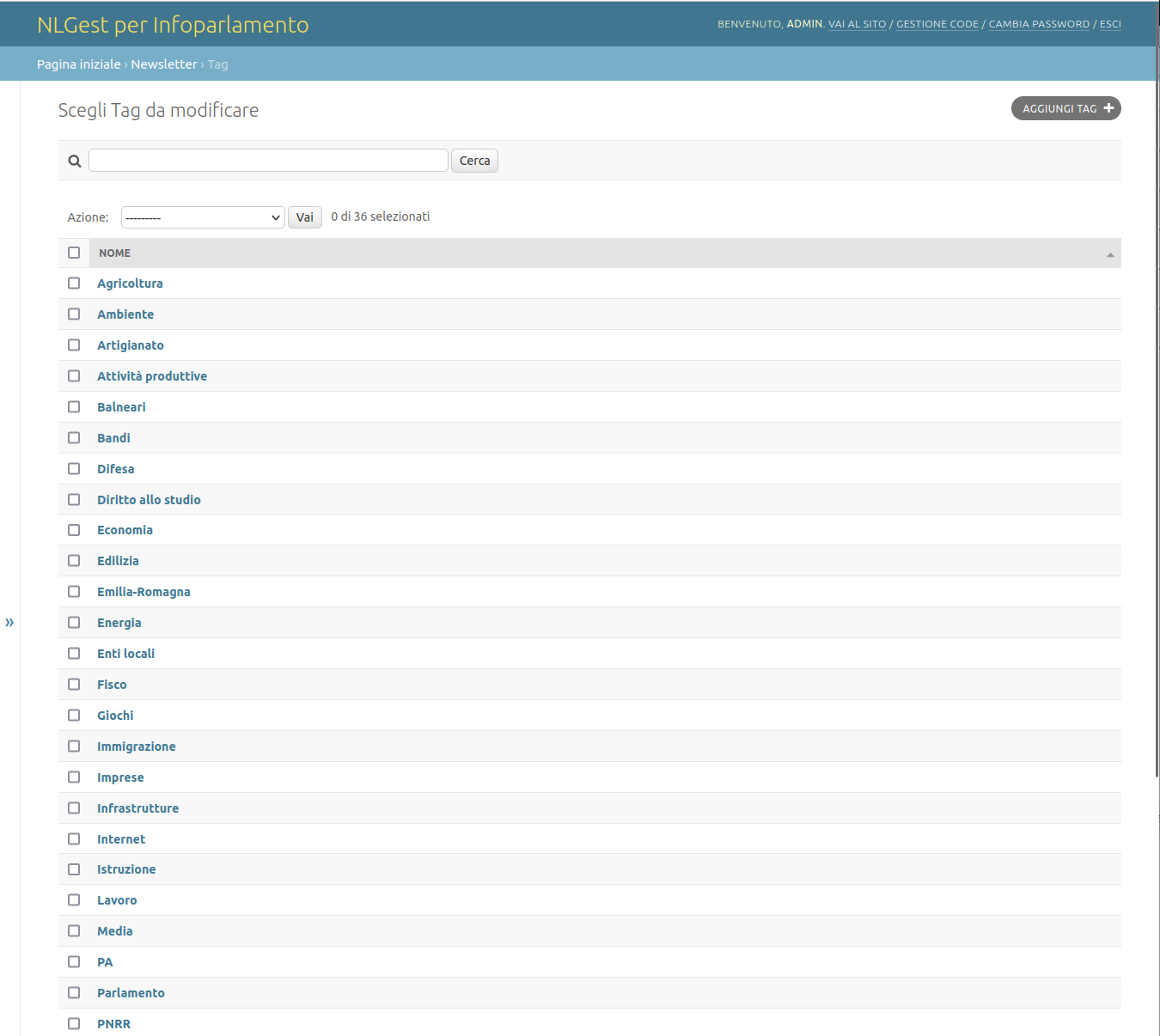 Interfaccia backend - elenco tags